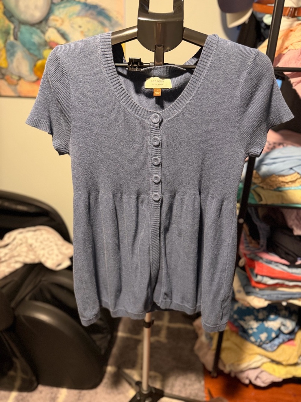 Y2K babydoll Henley sweater top 100% cotton large blue